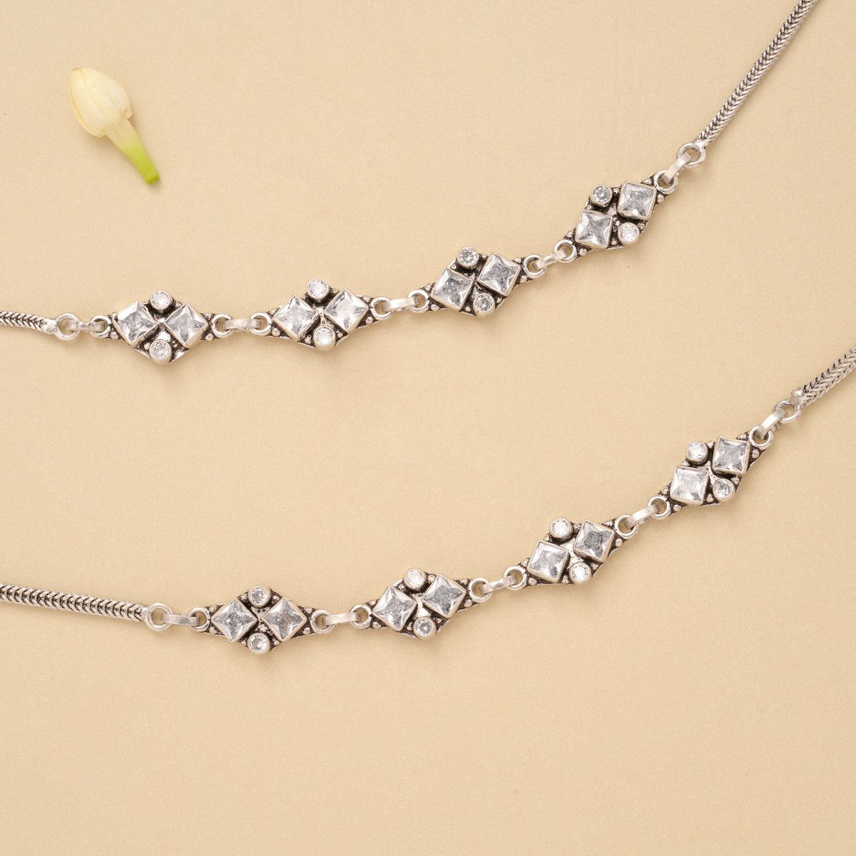 Minimal Linear Square White Stone Silver Anklet