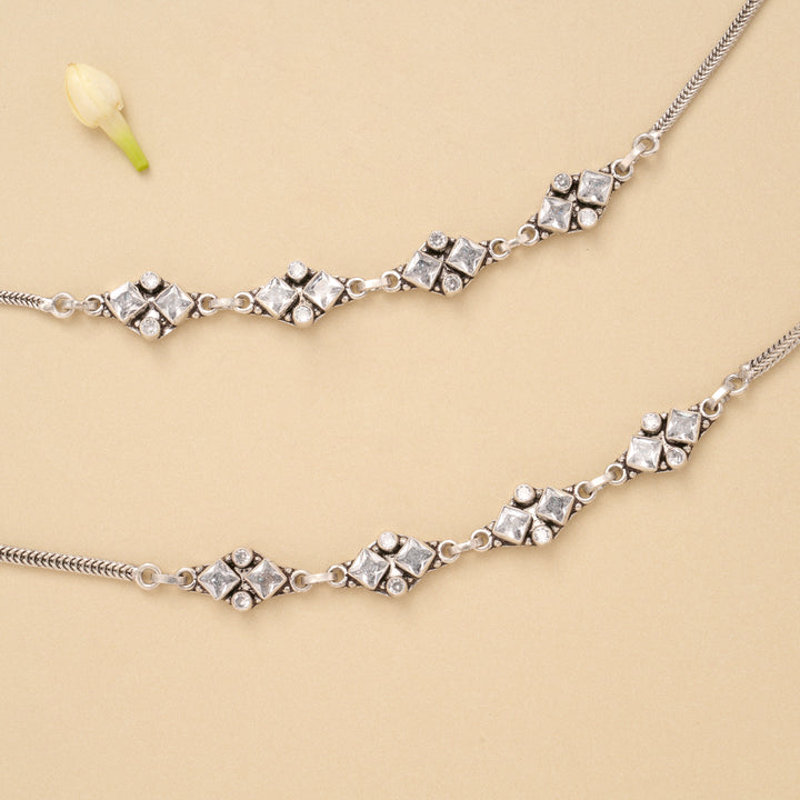 Minimal Linear Square White Stone Silver Anklet