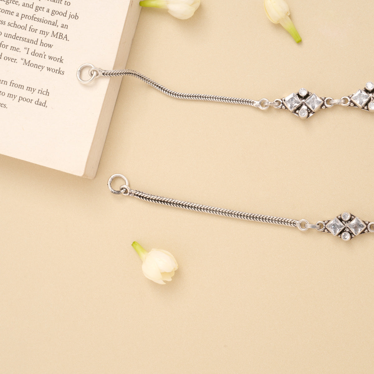 Minimal Linear Square White Stone Silver Anklet