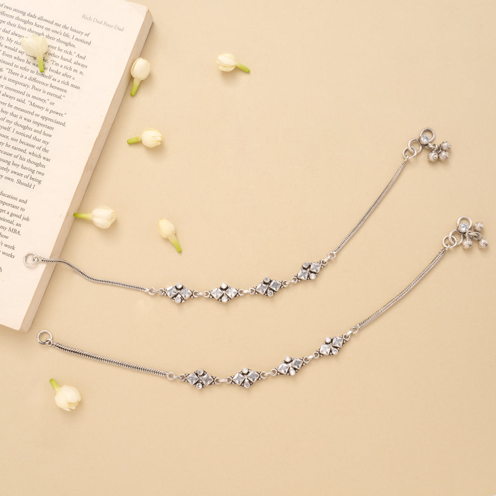Minimal Linear Square White Stone Silver Anklet