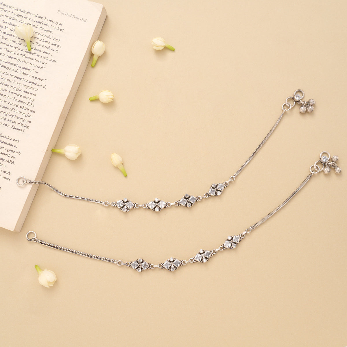 Minimal Linear Square White Stone Silver Anklet