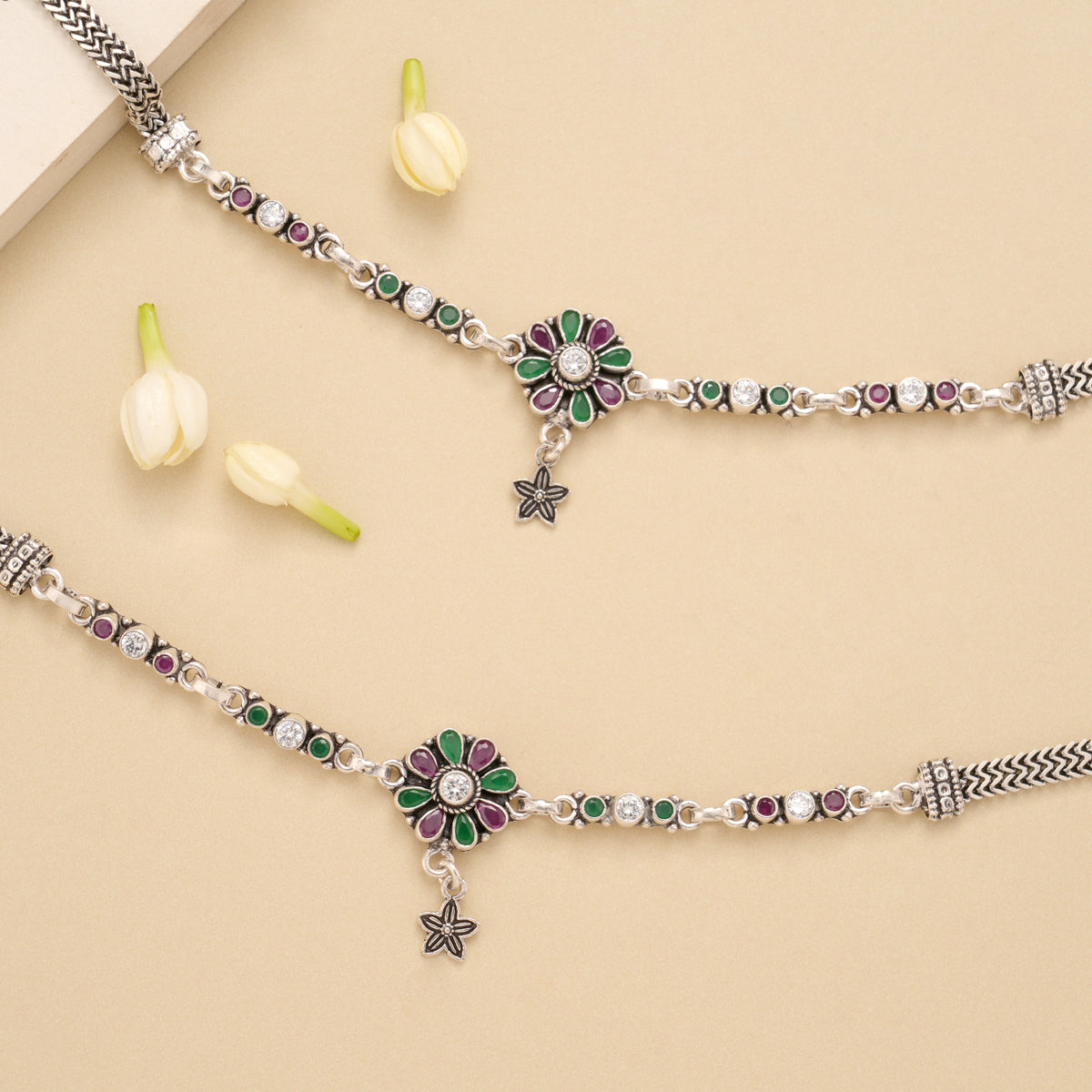 Blossom Floral Star Drop Silver Anklet