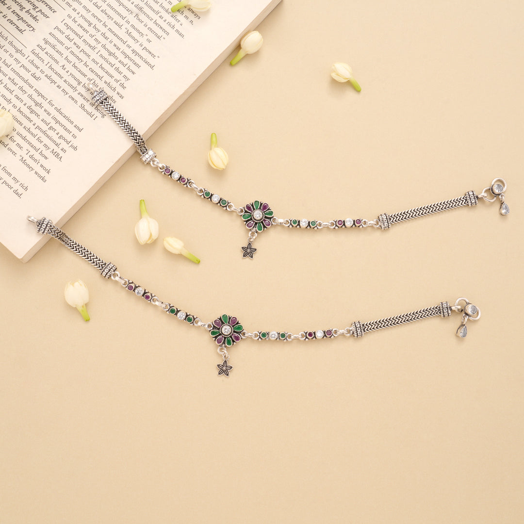 Blossom Floral Star Drop Silver Anklet