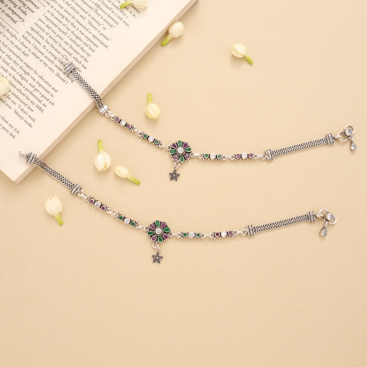 Blossom Floral Star Drop Silver Anklet