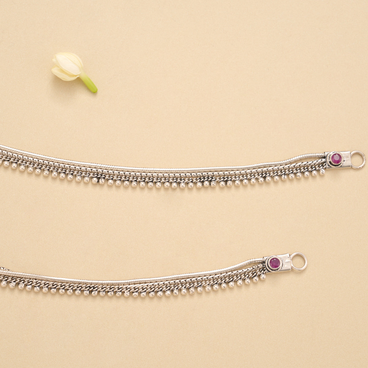 Elegant Ruby Flower Silver Anklet