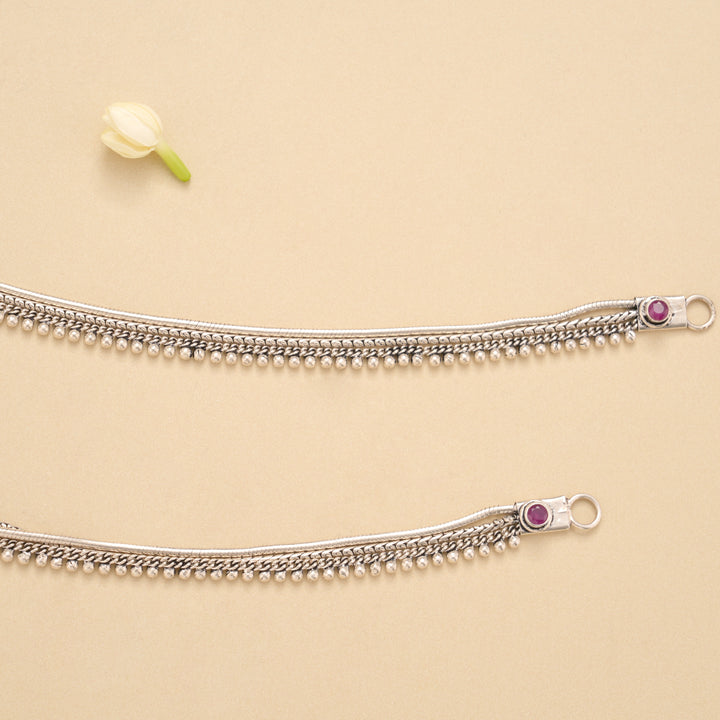Elegant Ruby Flower Silver Anklet