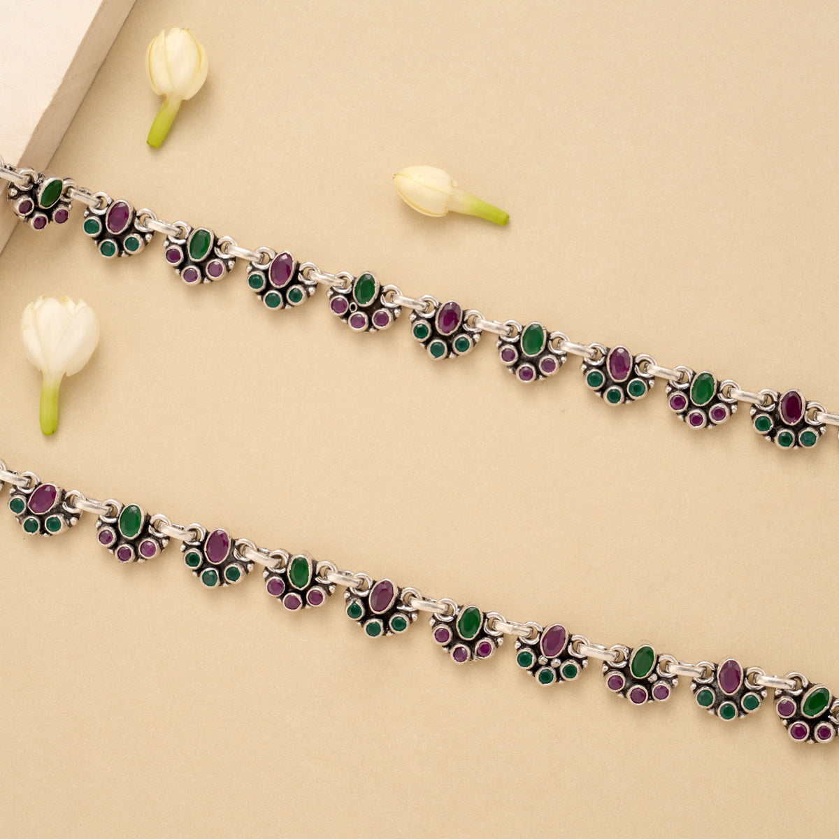 Regal Linear Ruby Emerald Silver Anklet