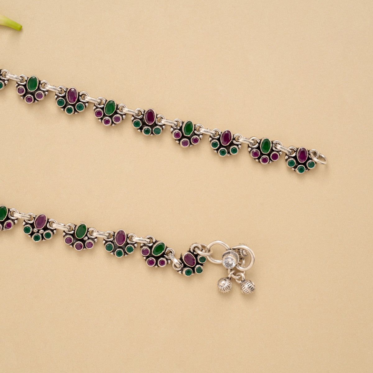 Regal Linear Ruby Emerald Silver Anklet