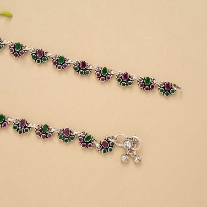 Regal Linear Ruby Emerald Silver Anklet