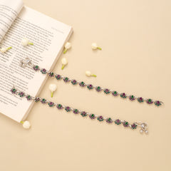 Regal Linear Ruby Emerald Silver Anklet