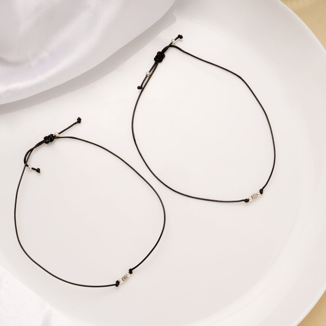 Tiny Charm Black Thread Silver Anklets