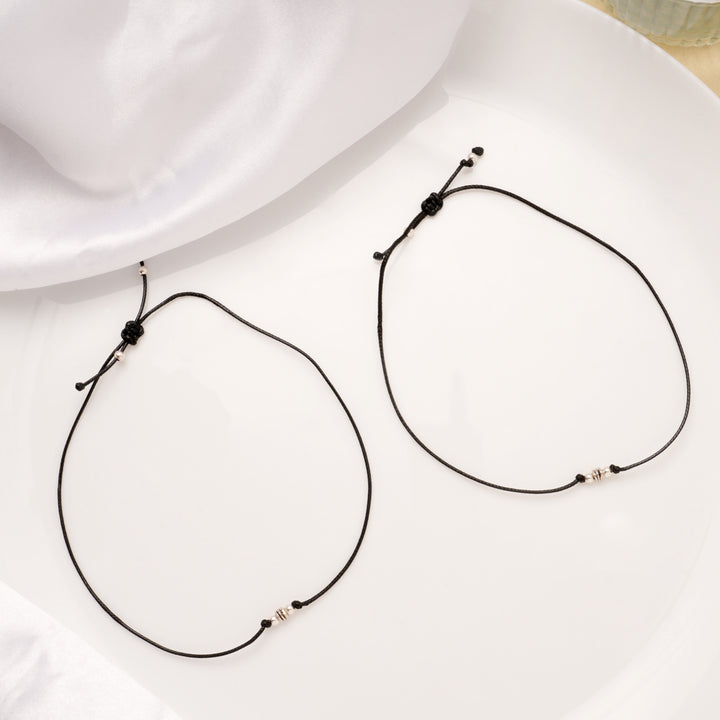 Little Charm Black Thread Silver Anklets