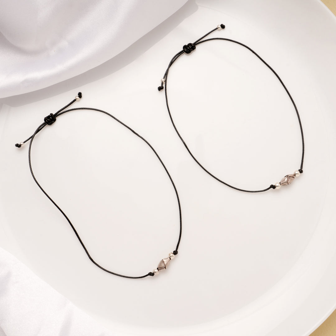 Geometric Charm Black Thread Silver Anklets