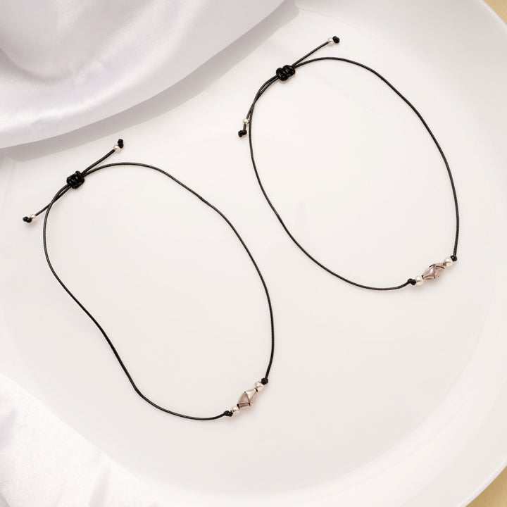 Geometric Charm Black Thread Silver Anklets