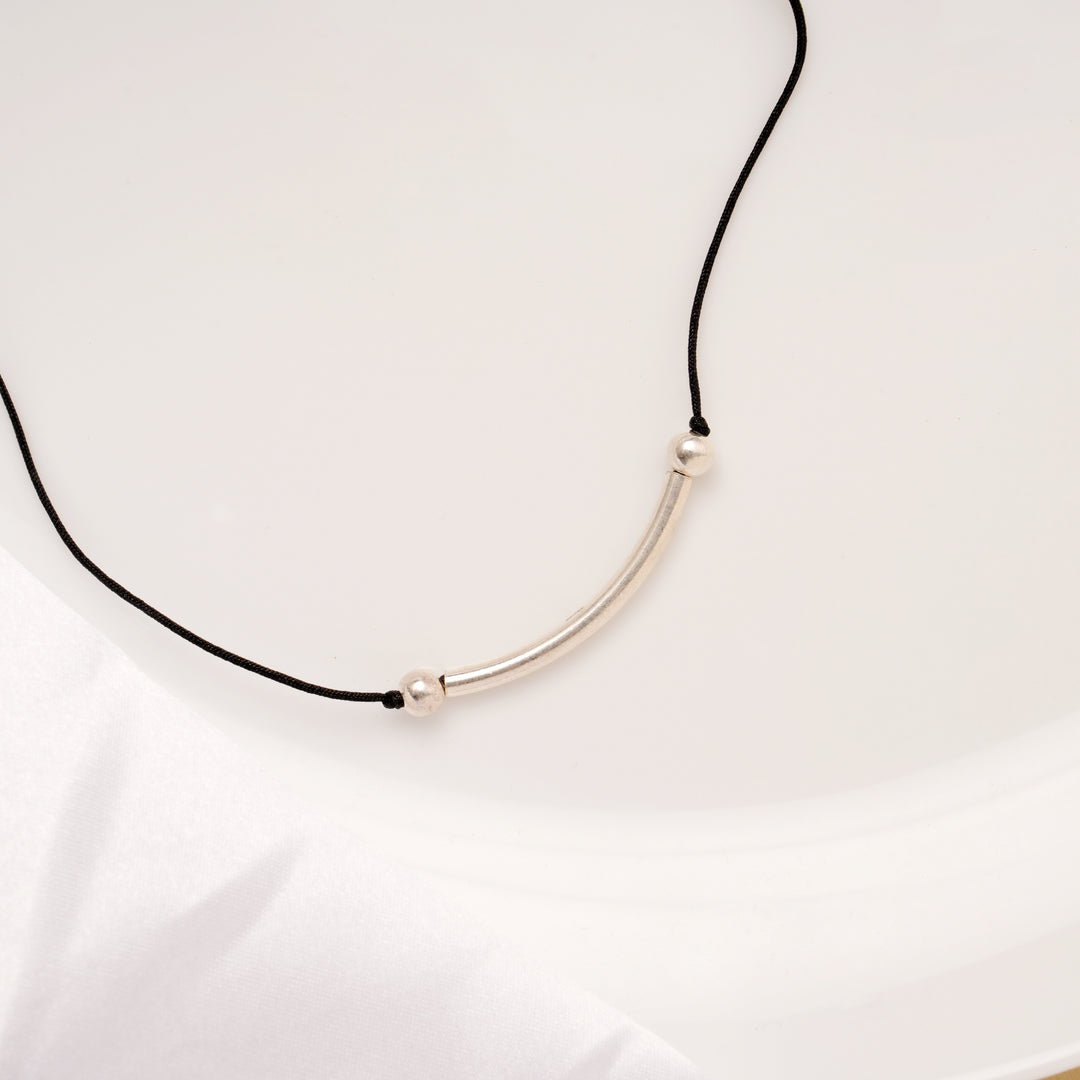 Curved Design Black Thread Silver Anklets