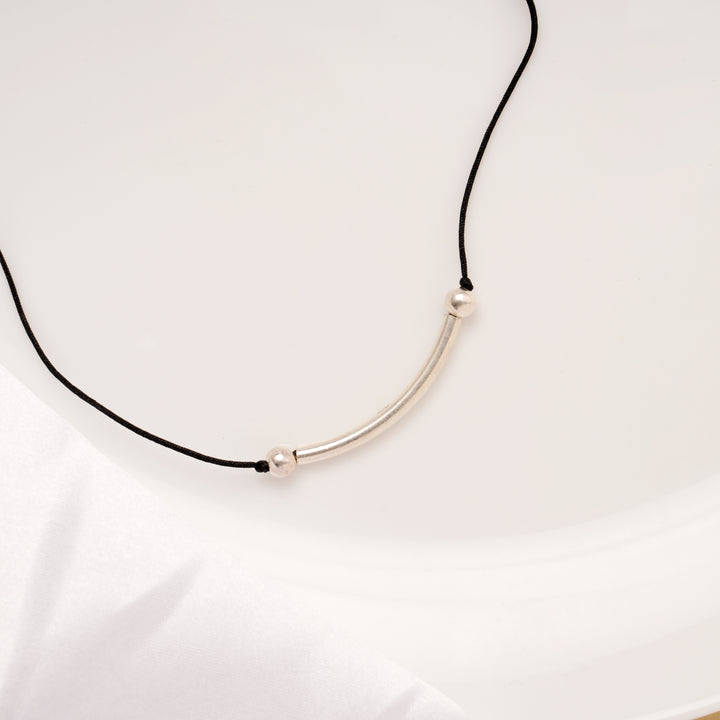 Curved Design Black Thread Silver Anklets