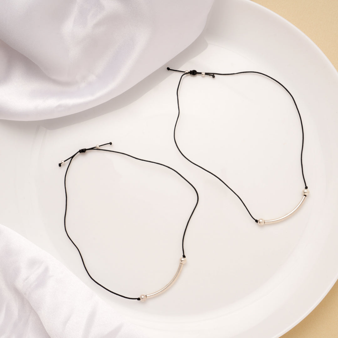 Curved Design Black Thread Silver Anklets