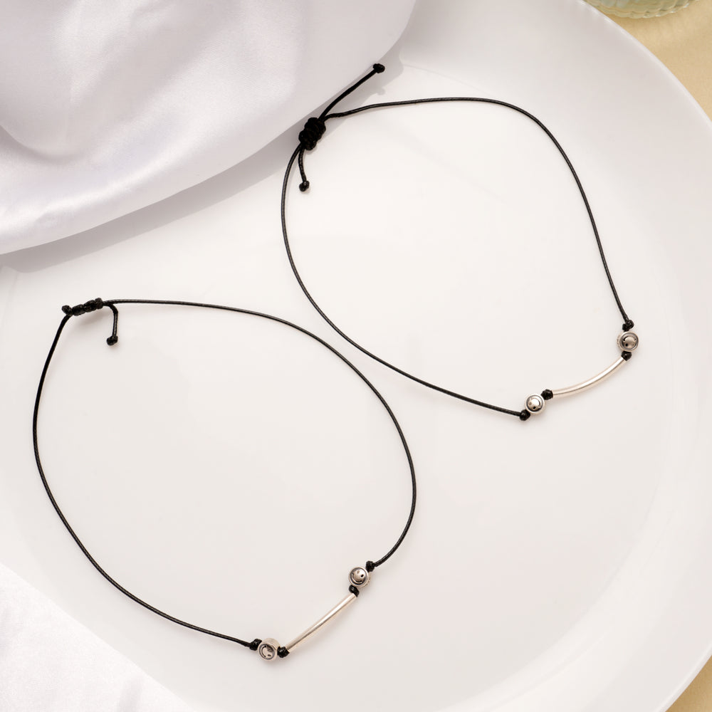 Minimalist Black Thread Emoji Silver Anklets