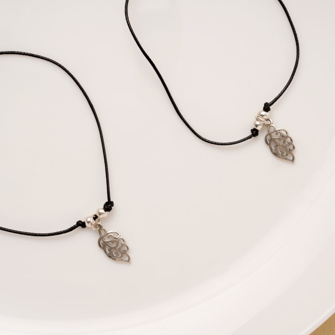 Tiny Charm Leaf Black Thread Silver Anklets