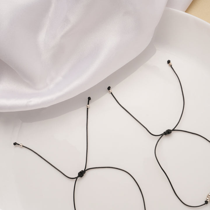 Tiny Charm Leaf Black Thread Silver Anklets