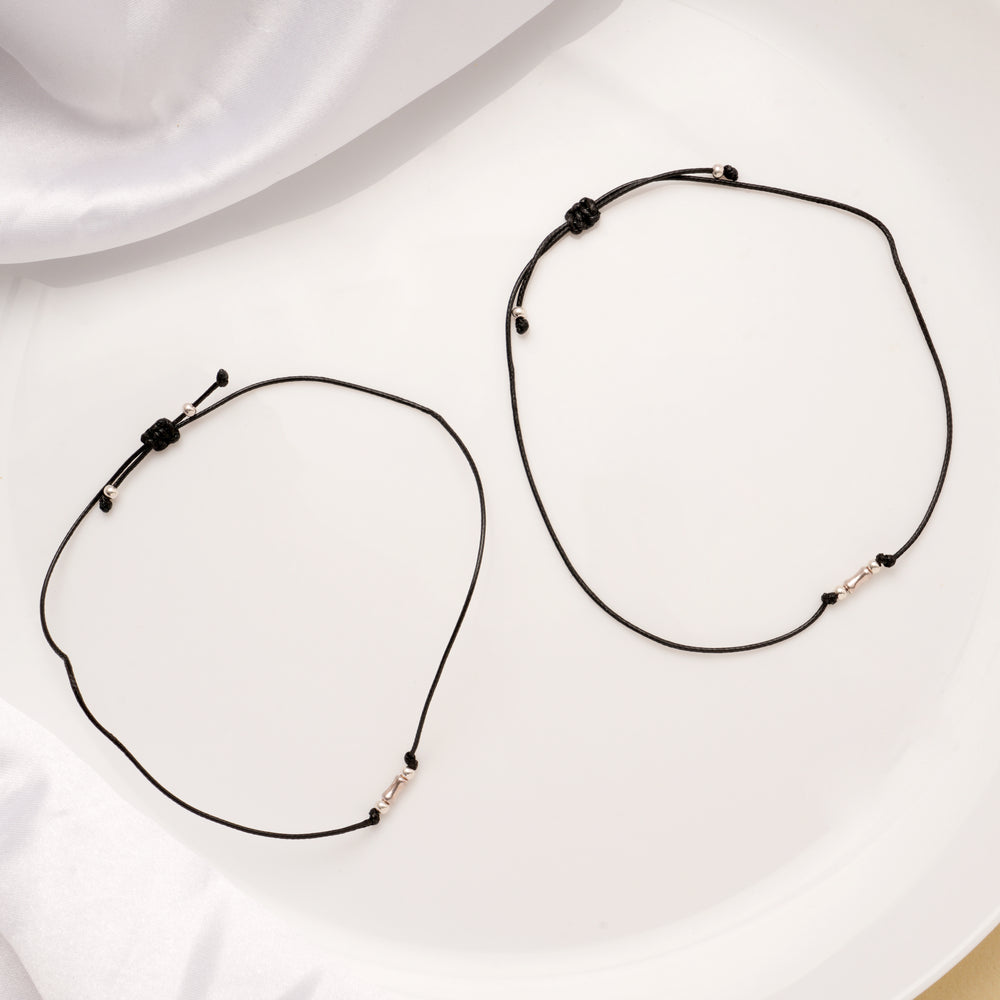 Little Pipe Beaded Black Thread Silver Anklets