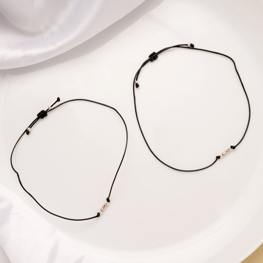 Little Pipe Beaded Black Thread Silver Anklets