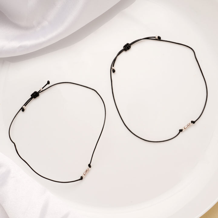 Little Pipe Beaded Black Thread Silver Anklets