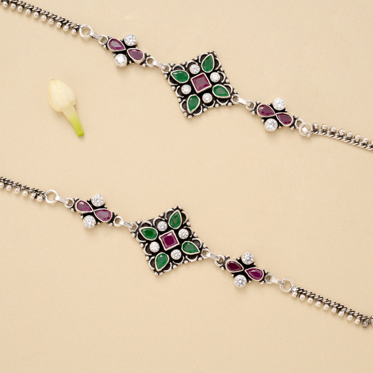 Square Floral Paisley Charm Silver Anklet