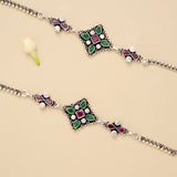 Square Floral Paisley Charm Silver Anklet