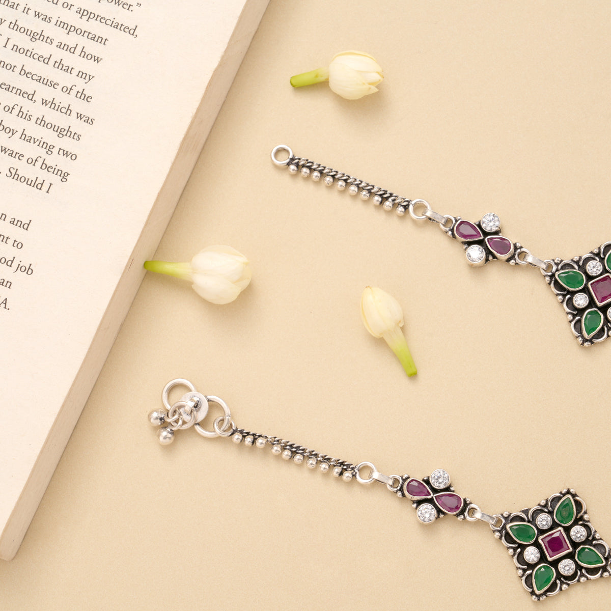 Square Floral Paisley Charm Silver Anklet