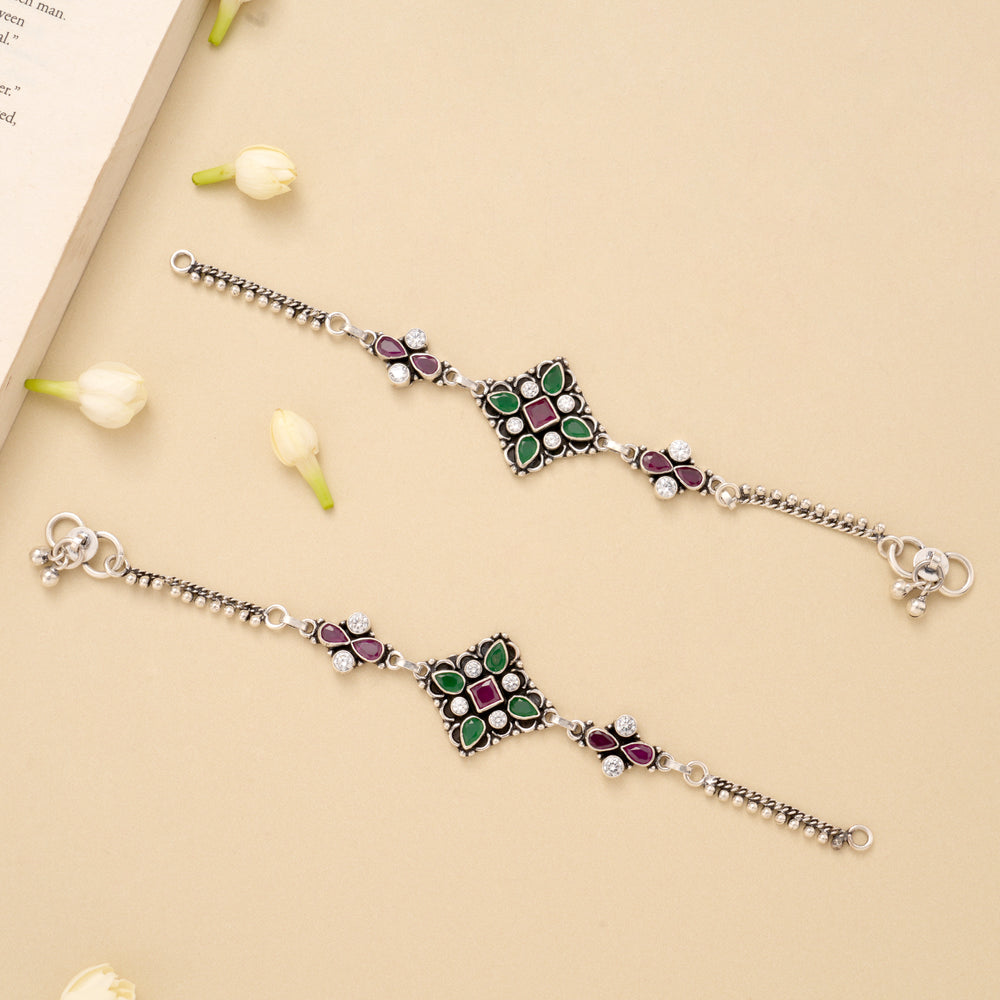 Square Floral Paisley Charm Silver Anklet
