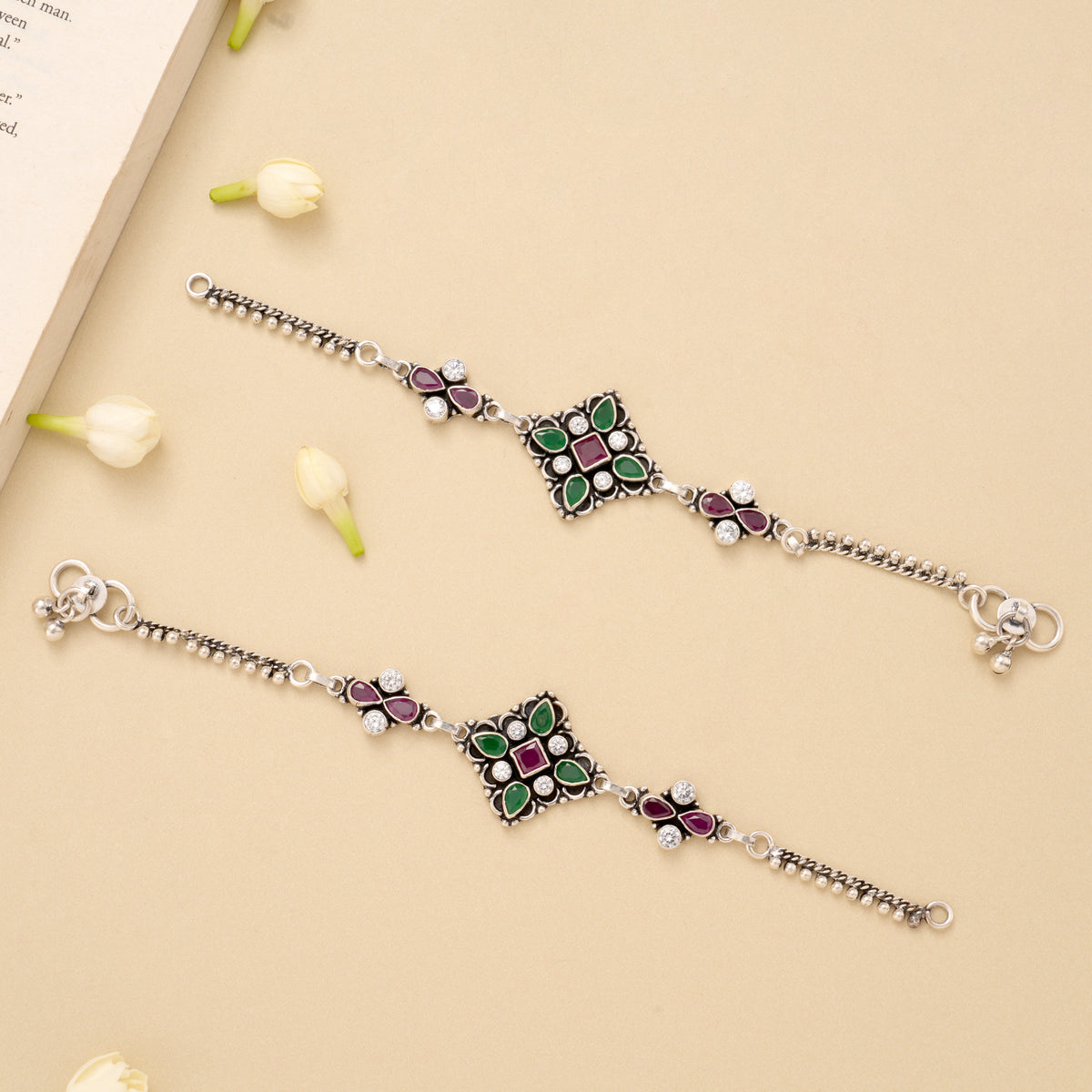 Square Floral Paisley Charm Silver Anklet