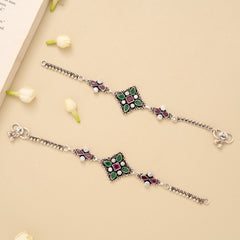 Square Floral Paisley Charm Silver Anklet