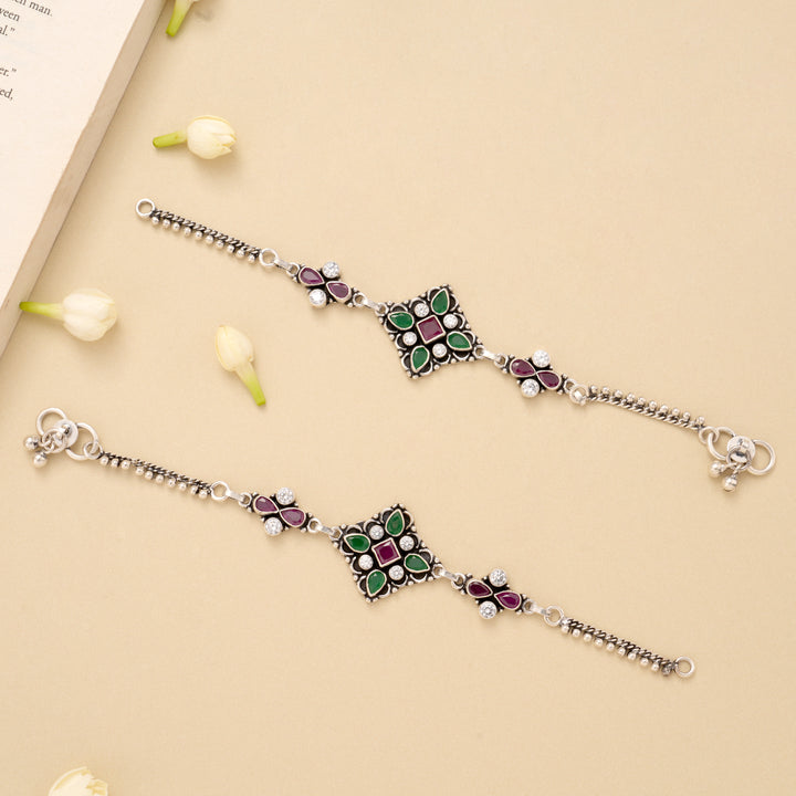 Square Floral Paisley Charm Silver Anklet