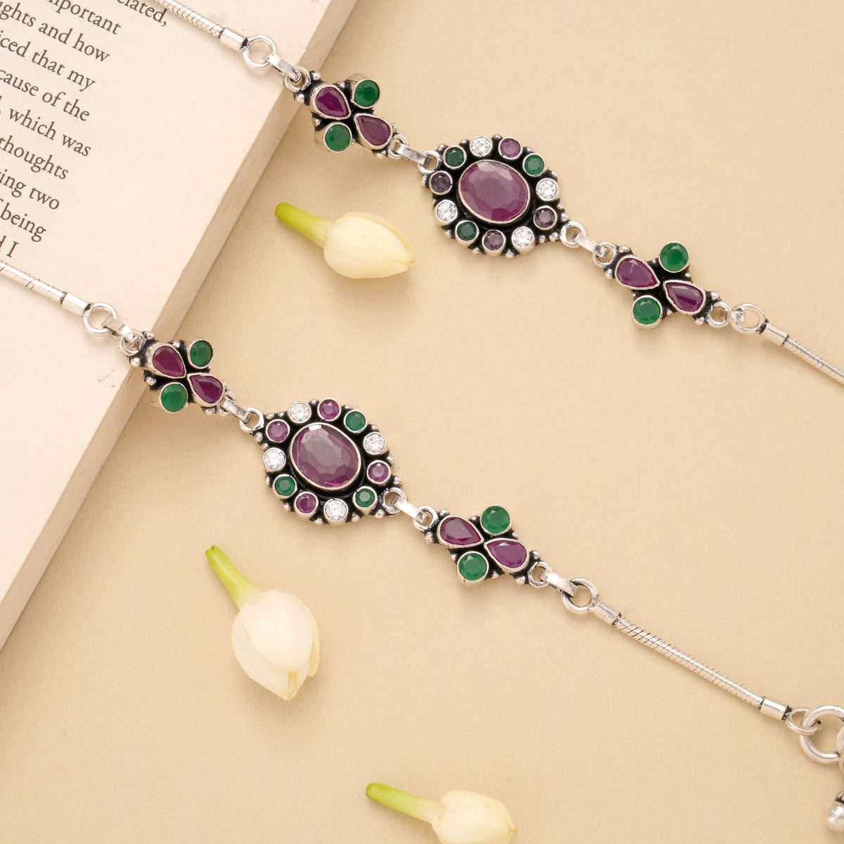 Circle Flower Ruby Emerald Silver Anklet