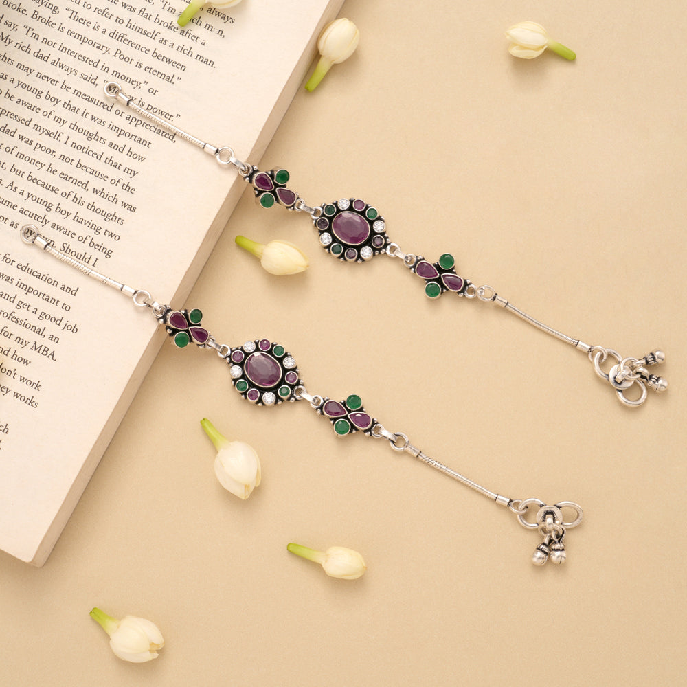 Circle Flower Ruby Emerald Silver Anklet