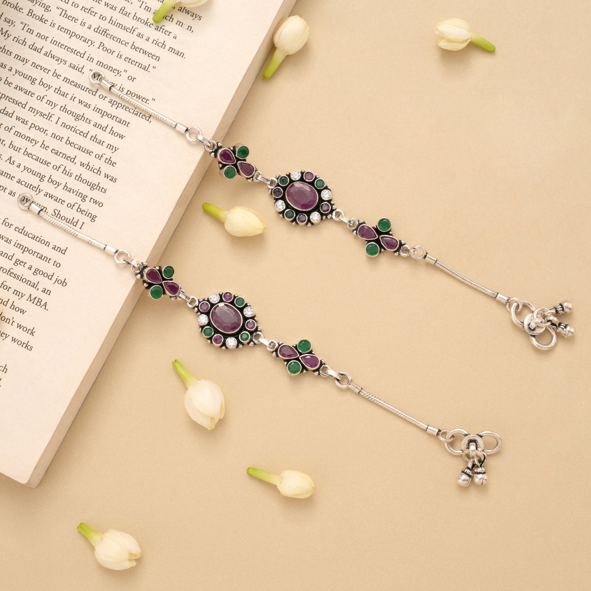 Circle Flower Ruby Emerald Silver Anklet