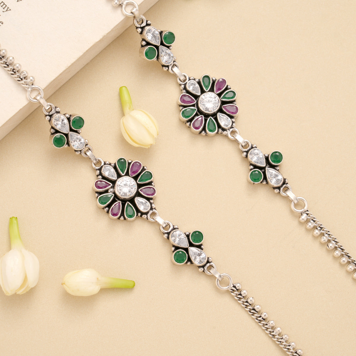 Blossom Floral Ruby Emerald Silver Anklet