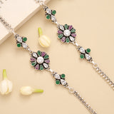 Blossom Floral Ruby Emerald Silver Anklet