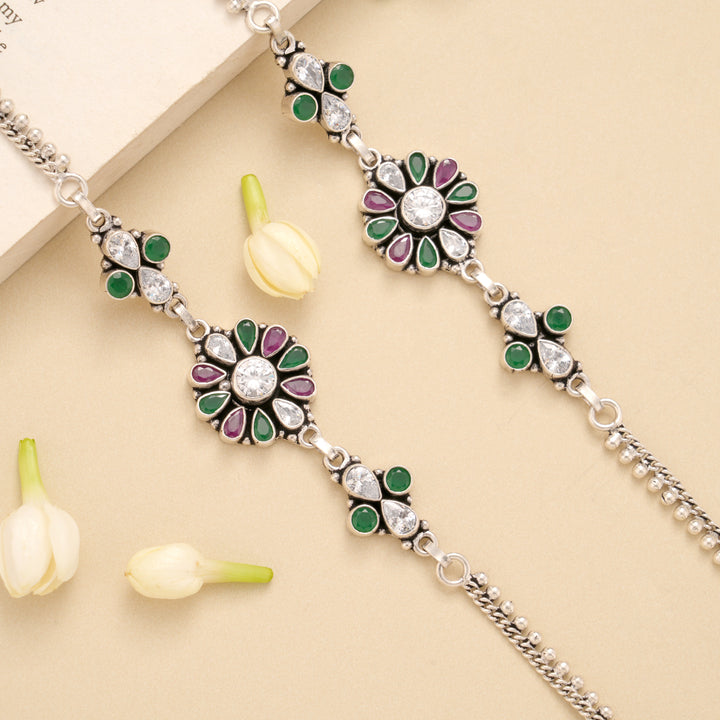 Blossom Floral Ruby Emerald Silver Anklet