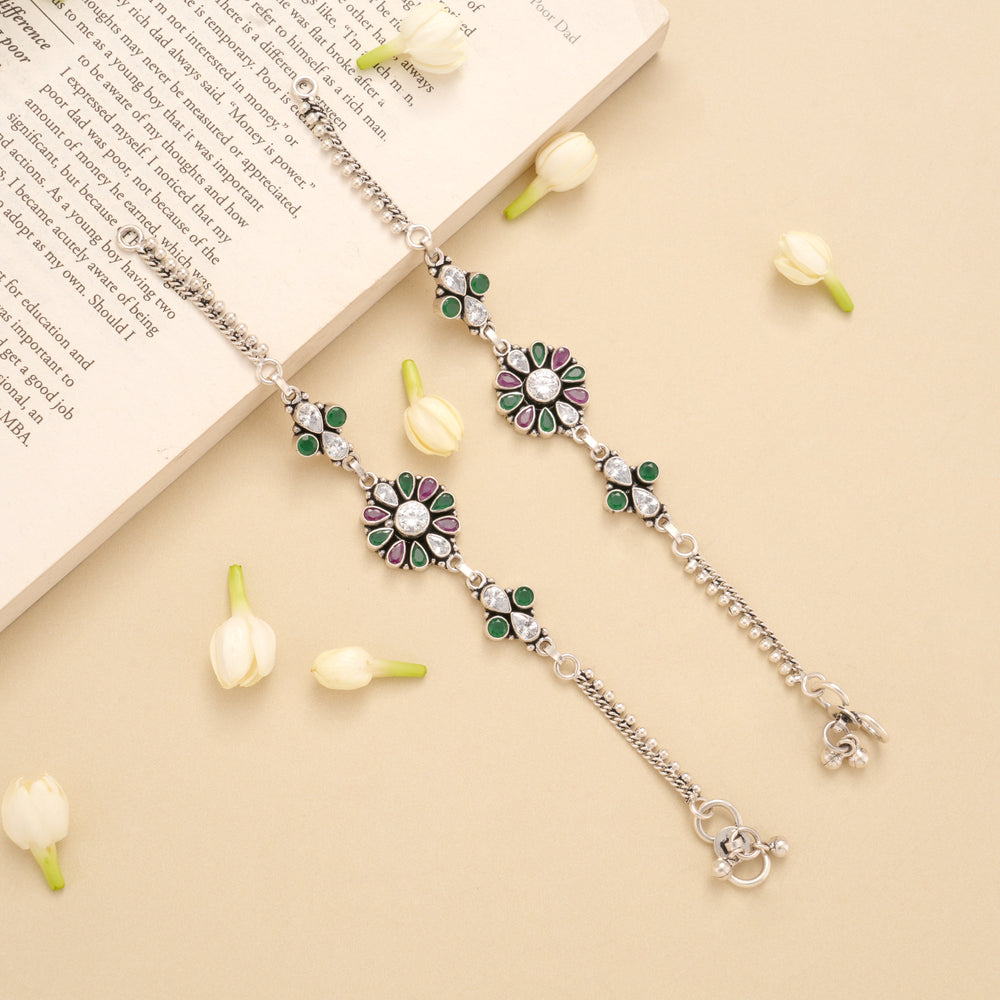 Blossom Floral Ruby Emerald Silver Anklet