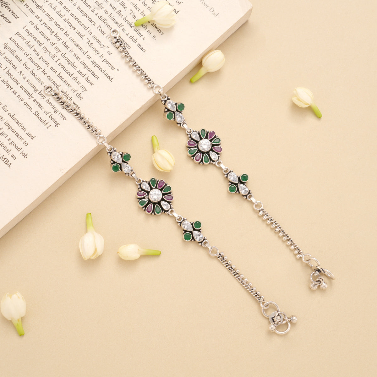Blossom Floral Ruby Emerald Silver Anklet