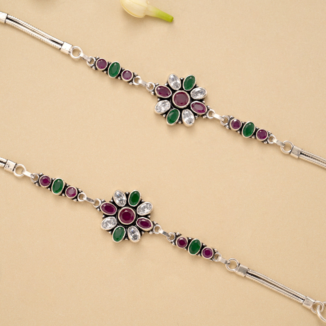 Elegant Floral Ruby Emerald Silver Baby Anklet