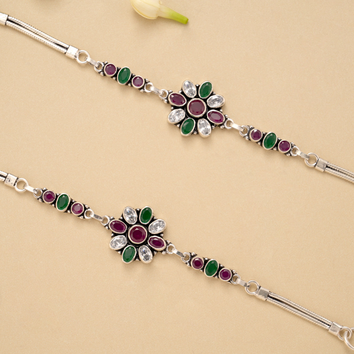 Elegant Floral Ruby Emerald Silver Baby Anklet