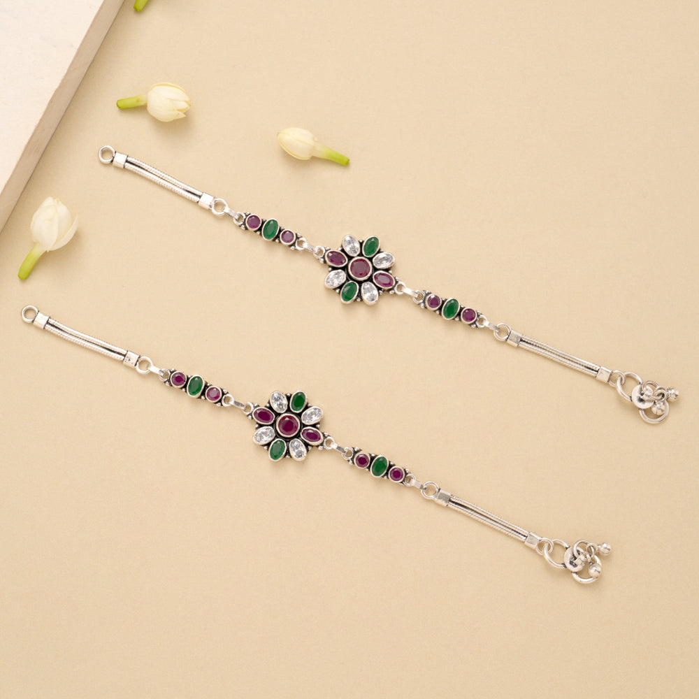 Elegant Floral Ruby Emerald Silver Baby Anklet