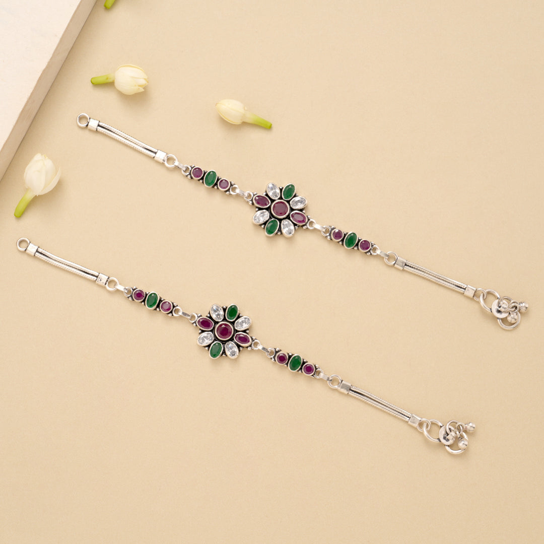 Elegant Floral Ruby Emerald Silver Baby Anklet
