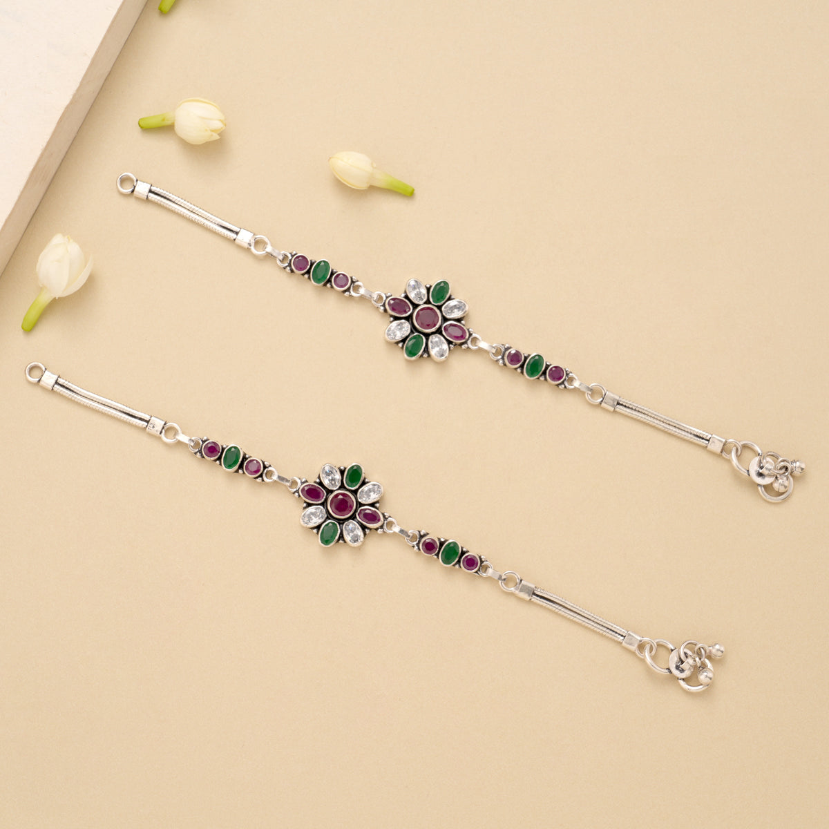 Elegant Floral Ruby Emerald Silver Baby Anklet