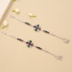 Elegant Floral Ruby Emerald Silver Baby Anklet