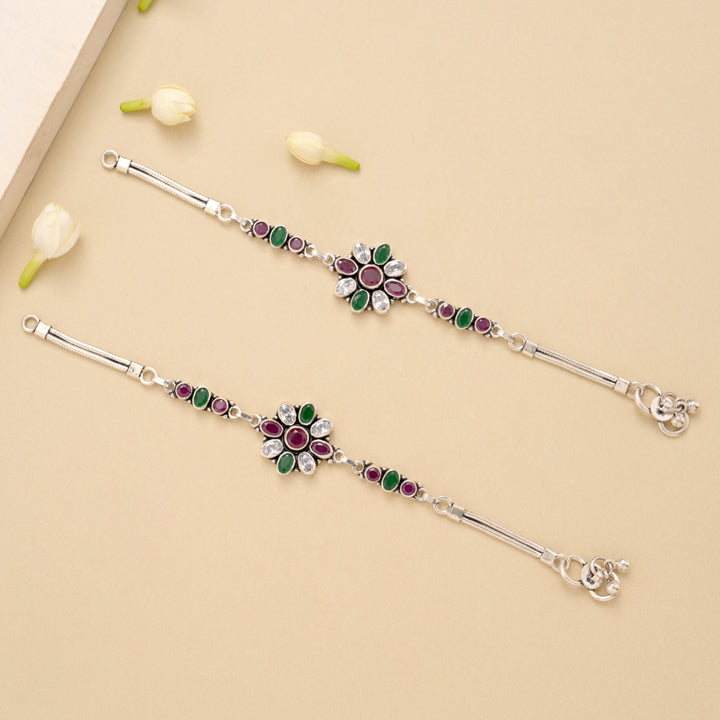 Elegant Floral Ruby Emerald Silver Baby Anklet