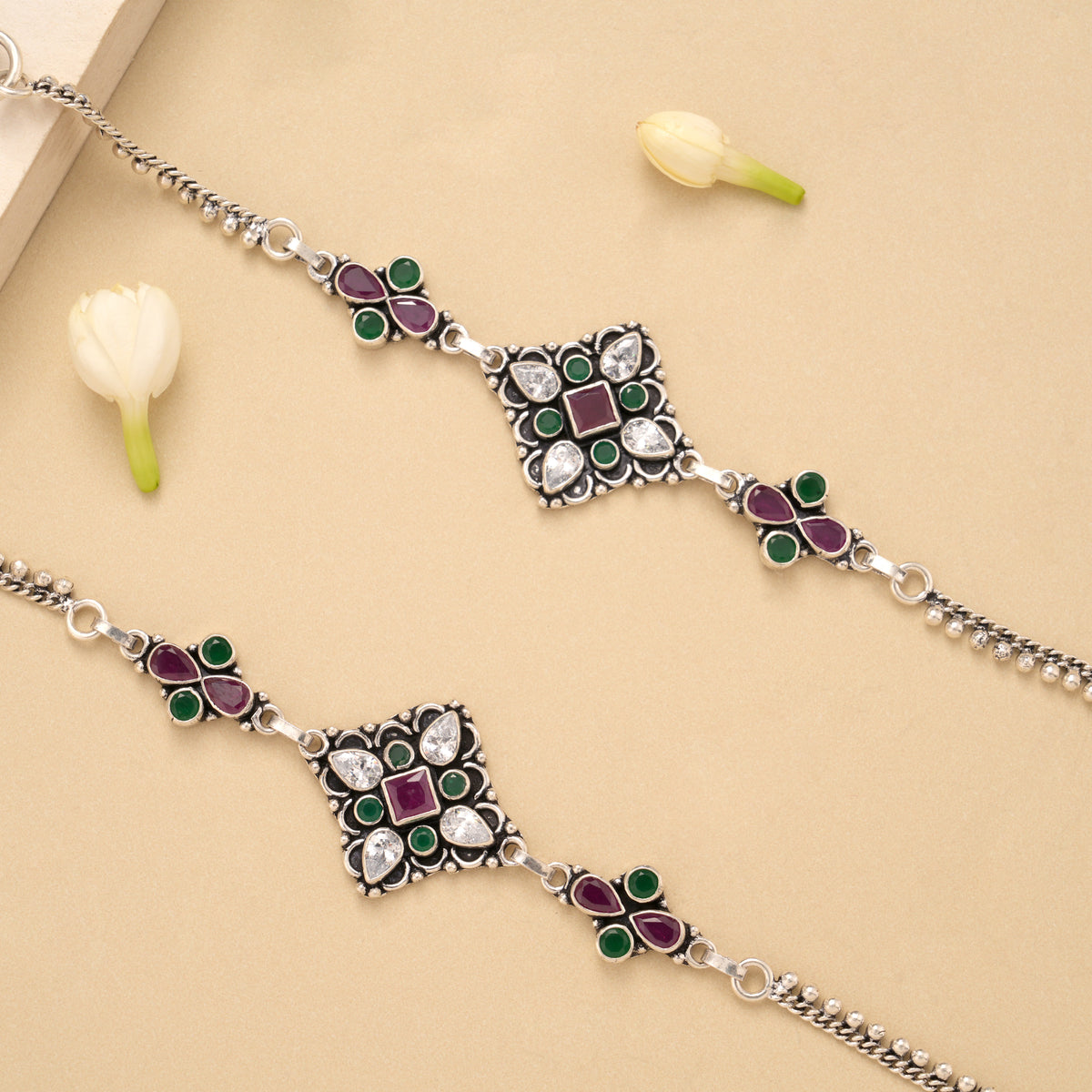 Square Flower Ruby Emerald Silver Anklet